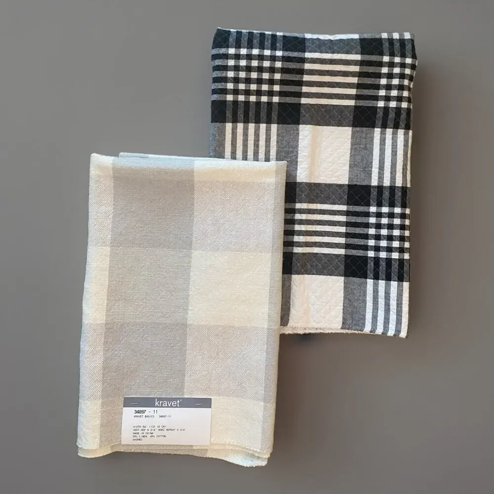 Kravet Windowpane Plaid Linen plus quilted Black White Grey Plaid Print 25